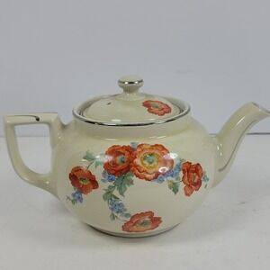 Vintage 1930s Hall China Poppy Teapot Cream Orange Flowers Platinum Trim USA